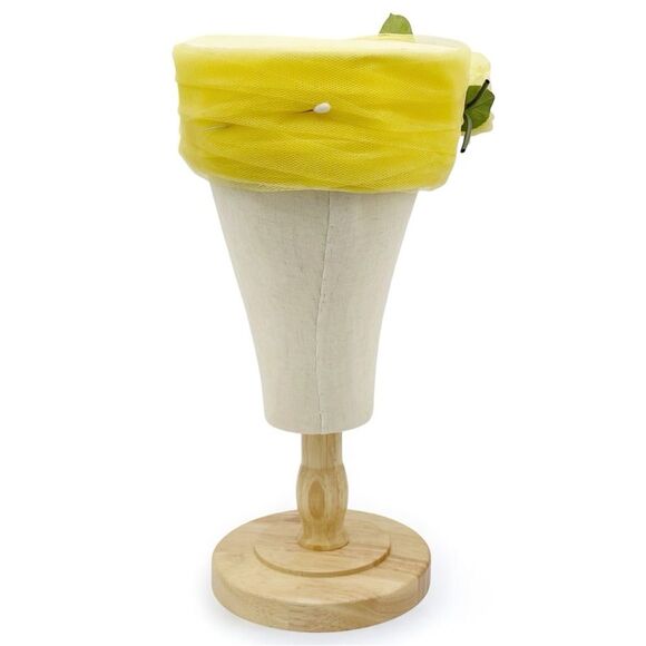 Vintage 1950s Lemon Yellow Pillbox Hat with Roses & Tulle Netting Union Made USA - Picture 8 of 14